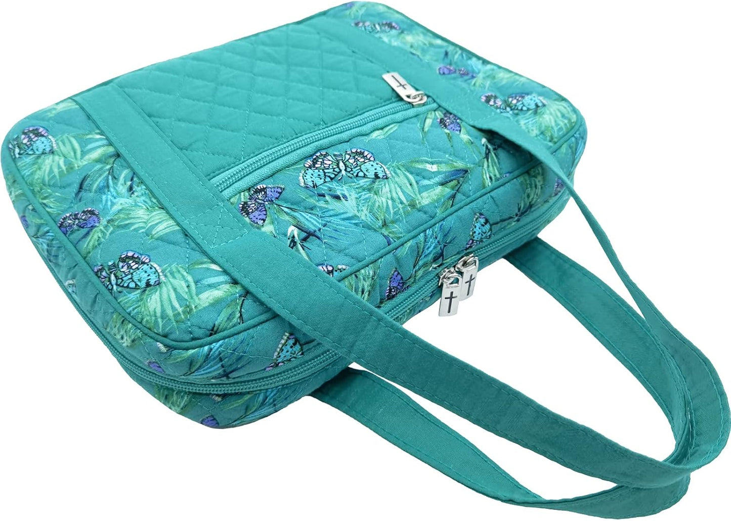 Quilted Bible Cover Extra Large Sizes 11.25 X 8.25 X 2.75 Inches Bible Tote Good Book Case Teal Color (XL, Butterfly Green)
